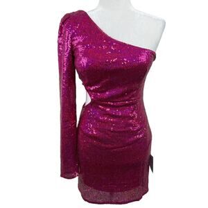 Sparkly Magenta One-Shoulder Sequin Mini Dress Lulus Total Diva NYE Party NWT S